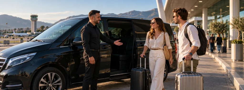 Driver welcoming travellers beside an airport transfer minivan.